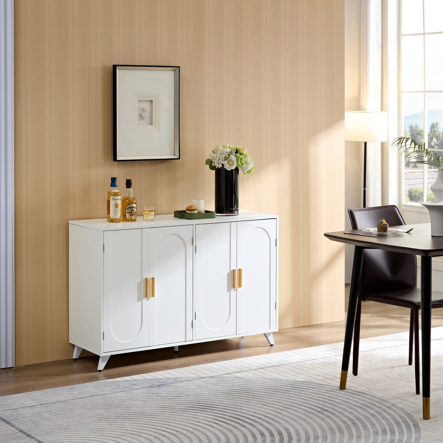 Hommoo Arch Texture Sideboard Buffet Cabinet with 4 Doors and Removable Shelves, Accent Cabinets Coffee Bar Cabinet, Modern Multifunctional Storage Cabinet for Home, Ivory White