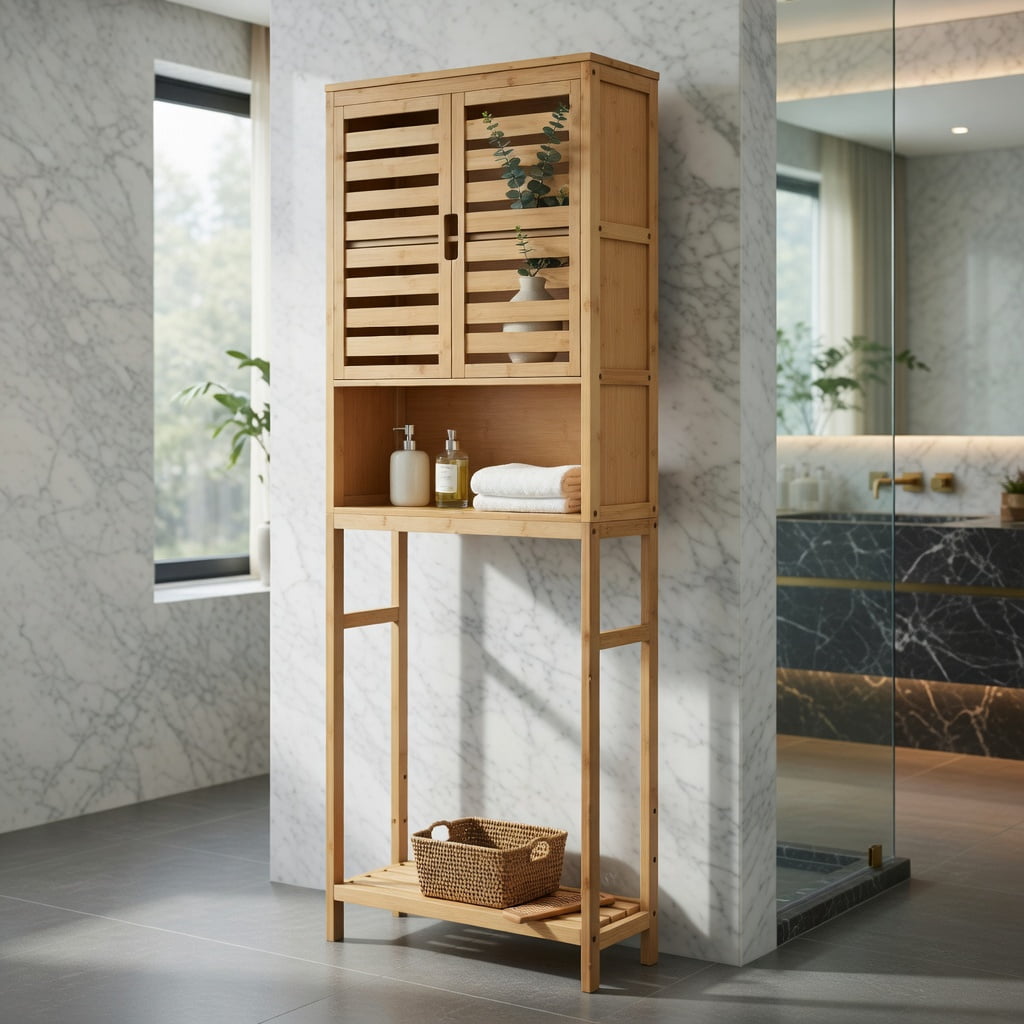 Hommoo Bamboo Over-the-Toilet Storage Cabinet with Adjustable Shelf, Ventilated Louvered Doors & Wall-Stabilizing Anti-Tip Kit Bathroom Organizer, Natural