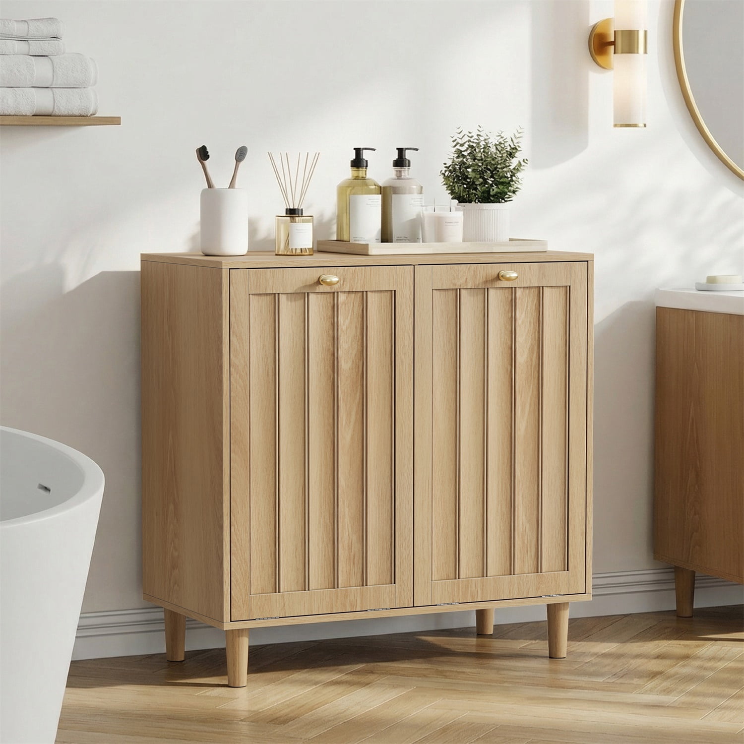 Hommoo Bathroom Laundry Storage Cabinet, Sloping Laundry Basket with Removable Inner Basket, Freestanding Household Storage Rack, Oak