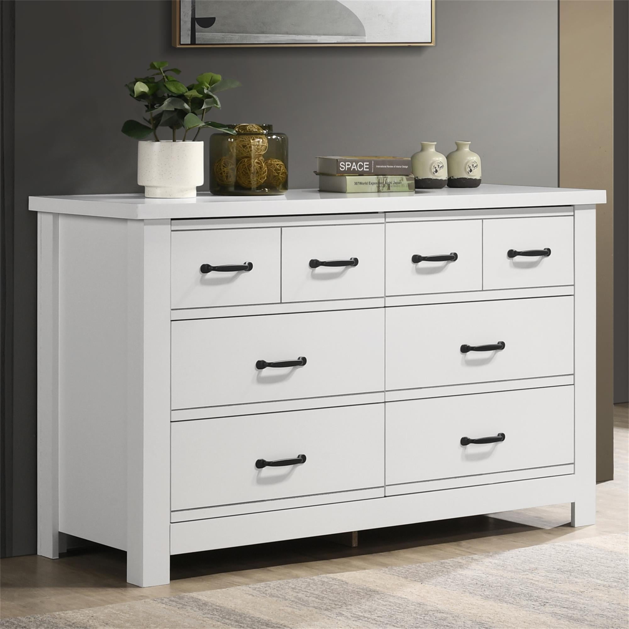 Hommoo Bedroom 6 Drawer Chest Dresser with Black Handles, White Wood