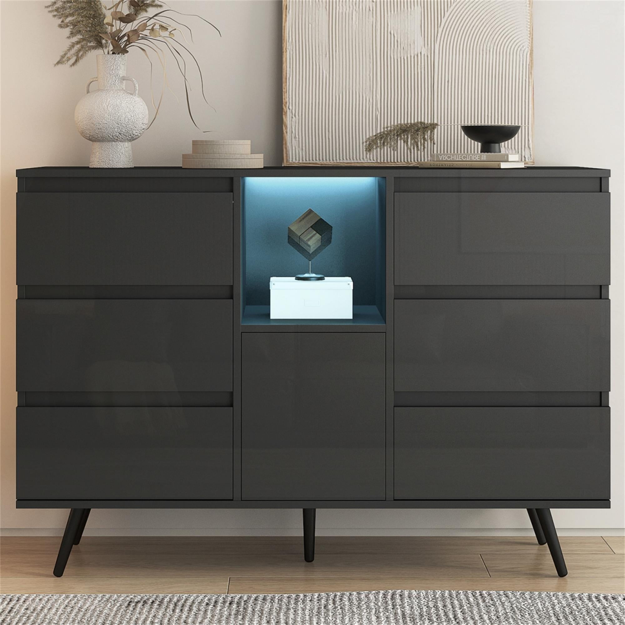 Hommoo Black 6 Drawer Dresser with LED Lights Display and Storage
