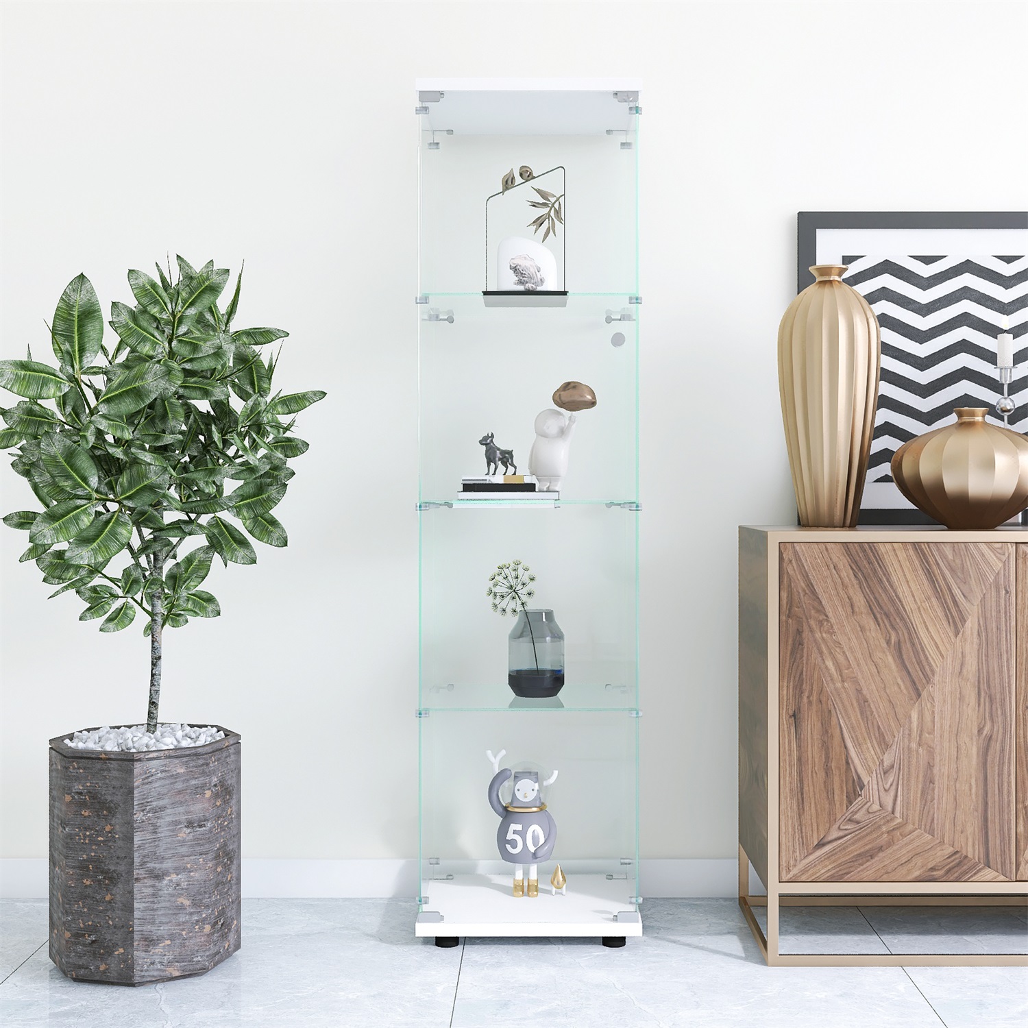 Hommoo Cabinet,Glass Display Cabinet 4 Shelves with Door, Floor Standing Curio Bookshelf for Living Room,White
