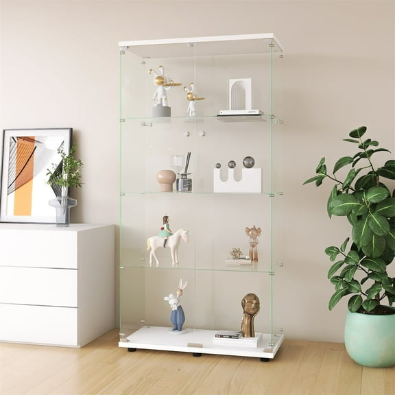Hommoo Cabinet,Two-door Glass Display Cabinet 4 Shelves with Door, Floor Standing Curio Bookshelf for Living Room Bedroom Office,White