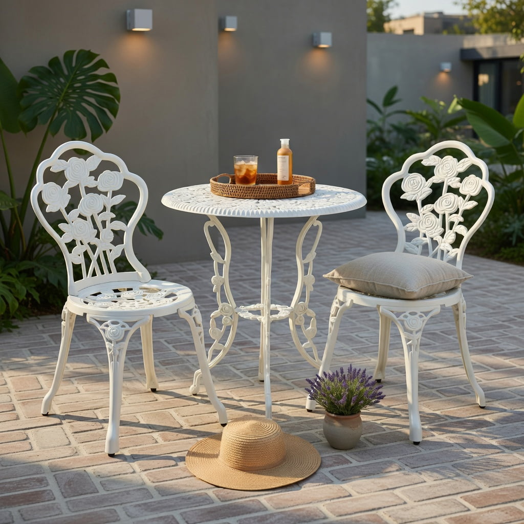 Hommoo Cast Aluminum Outdoor Patio Furniture Set, 3-Piece Rose-Embellished Table and Chairs for Balcony, Deck, Garden or Poolside, White