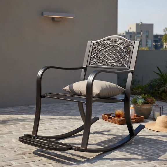 Hommoo Cast Aluminum Patio Rocking Chair with Footrest, Curved Armrests & Floral Back Design, Outdoor Rocker for Backyard, Porch, Poolside, Antique Brown