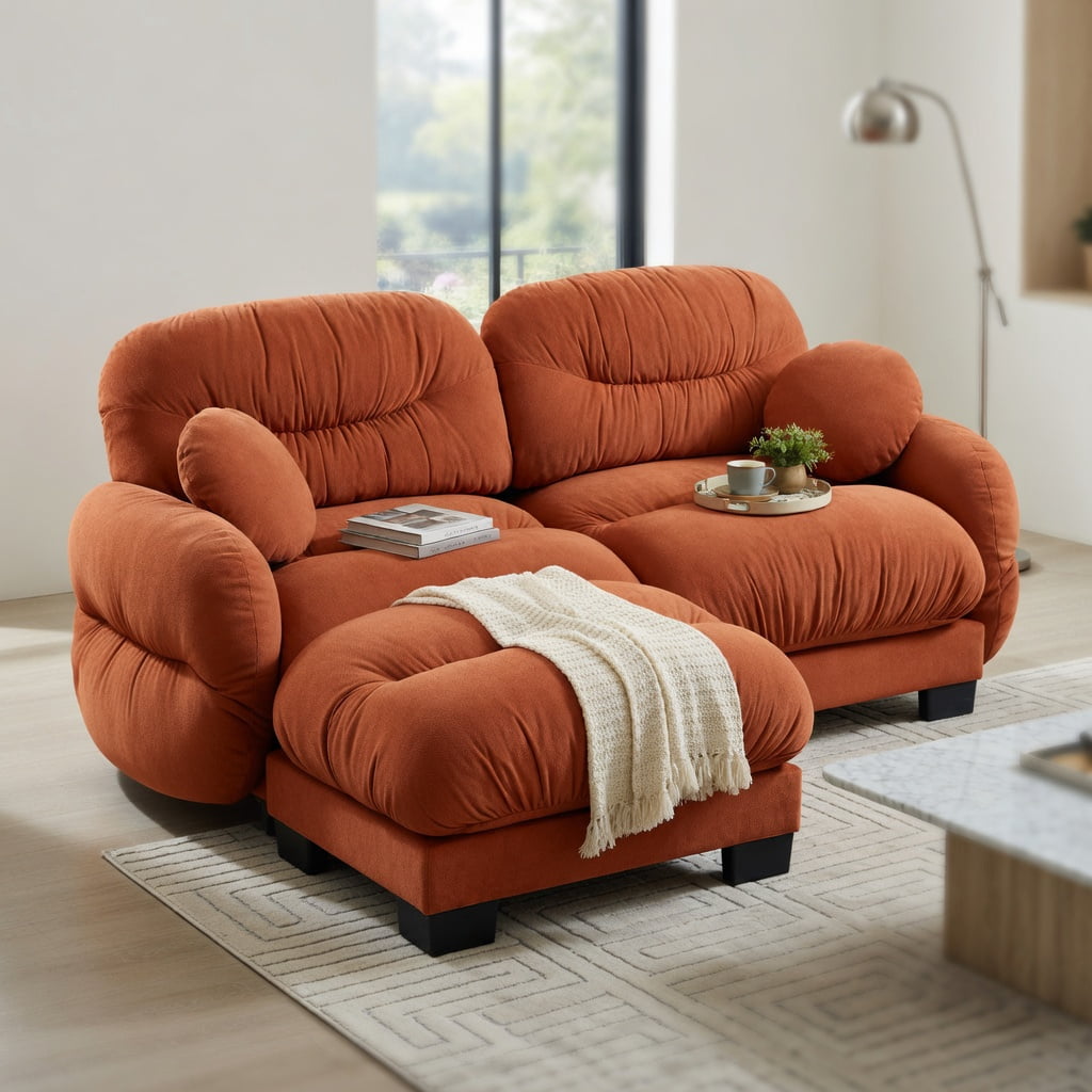Hommoo Chenille 2-Seat L-Shaped Modular Sectional Sofa with Ottoman, Ergonomic High-Density Foam, Pleated Back Design & 2 Round Throw Pillows, Orange