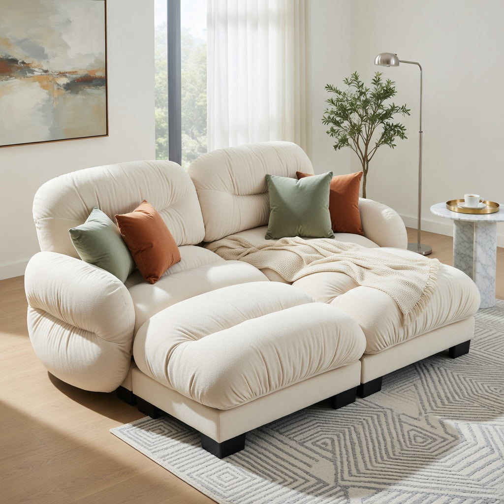 Hommoo Chenille 2-Seat Modular L-Shaped Sectional Sofa with Ergonomic Foam, Curved Armrests, 2 Ottomans & Throw Pillows, Pleated Back Design, Beige