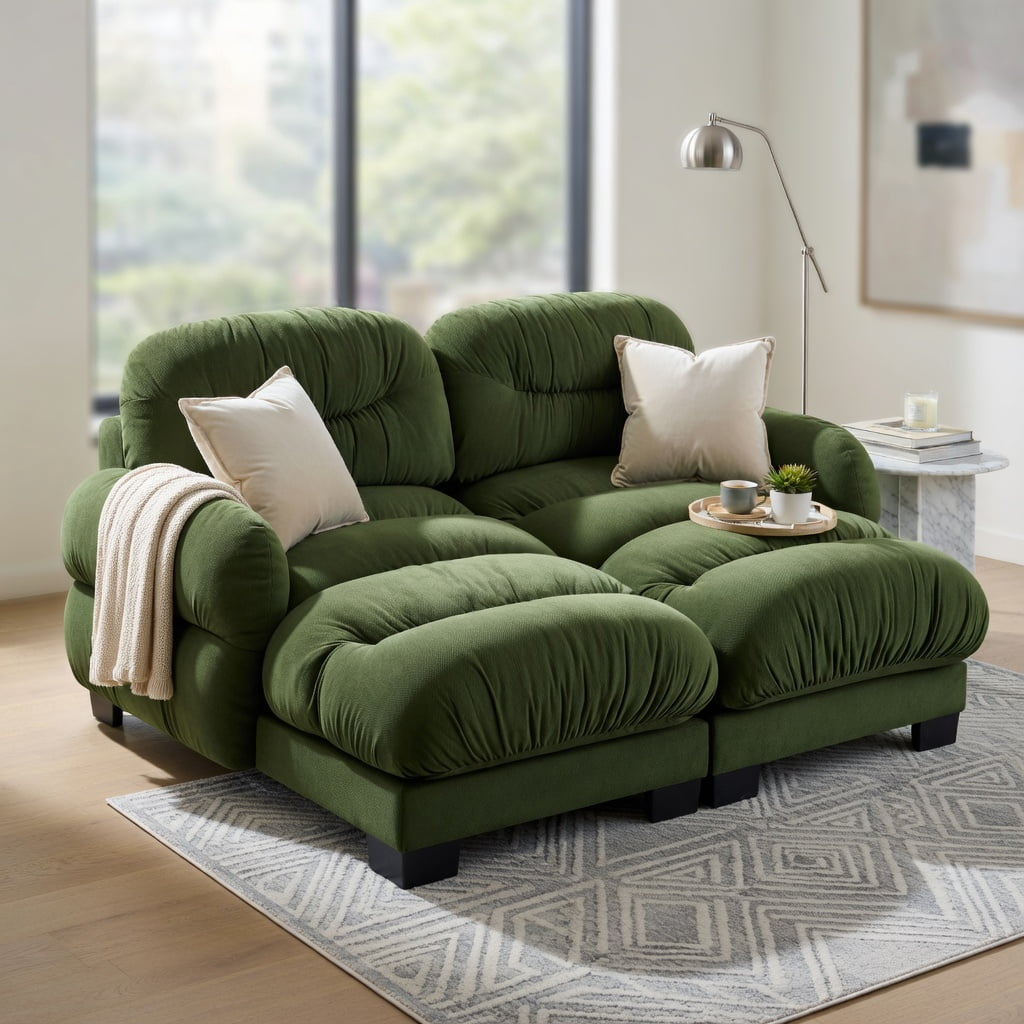 Hommoo Chenille 2-Seater L-Shaped Modular Sectional Sofa with Ergonomic Foam, Curved Armrests, 2 Ottomans & 2 Round Throw Pillows, Pleated Back Design, Green