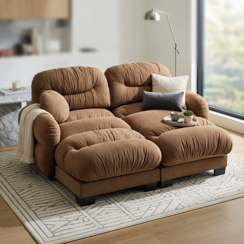 Hommoo Chenille 2-Seater L-Shaped Modular Sectional Sofa with Ergonomic Foam, Curved Armrests, 2 Ottomans & 2 Throw Pillows, Pleated Back Design, Brown