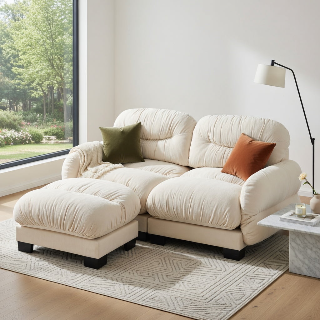 Hommoo Chenille 2-Seater L-Shaped Modular Sectional Sofa with Ottoman, Ergonomic High-Density Foam Cushions, Curved Armrests & Pleated Back Design, Includes 2 Round Throw Pillows, Beige