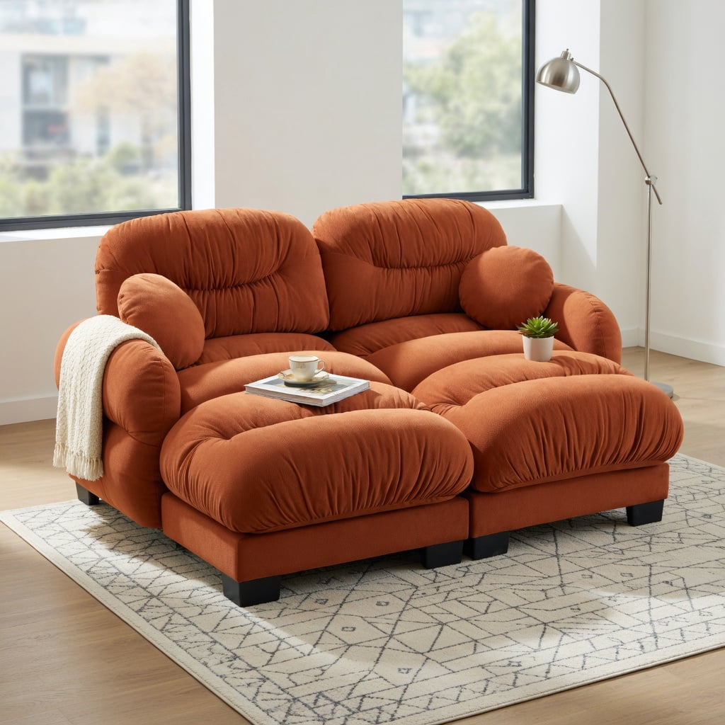 Hommoo Chenille 2-Seater Modular L-Shaped Sectional Sofa with Ergonomic Foam, Curved Armrests, 2 Ottomans & Throw Pillows, Pleated Back Design, Orange