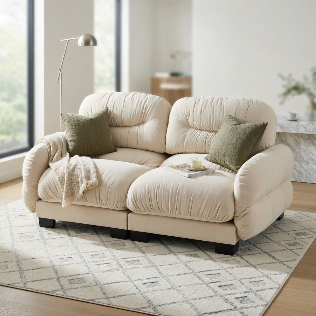 Hommoo Chenille 2-Seater Modular Sofa with Pleated Back, Ergonomic High-Density Foam Cushions, Curved Armrests & 2 Round Throw Pillows, Beige