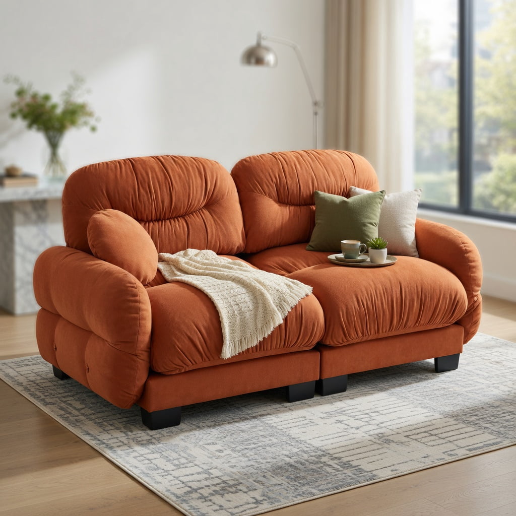 Hommoo Chenille 2-Seater Modular Sofa with Pleated Back, Ergonomic High-Density Foam Cushions, Curved Armrests & 2 Round Throw Pillows, Orange