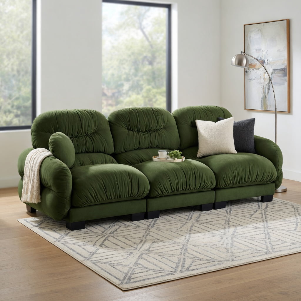 Hommoo Chenille 3-Seat Modular Sofa with Pleated Back, Ergonomic High-Density Foam Cushions, Curved Armrests & 2 Round Throw Pillows, Green