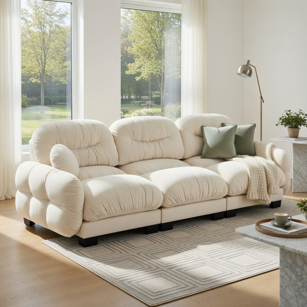 Hommoo Chenille 3-Seater Modular Sofa with Pleated Back Design, Ergonomic High-Density Foam Cushions & Curved Armrests, Includes 2 Round Throw Pillows, Beige