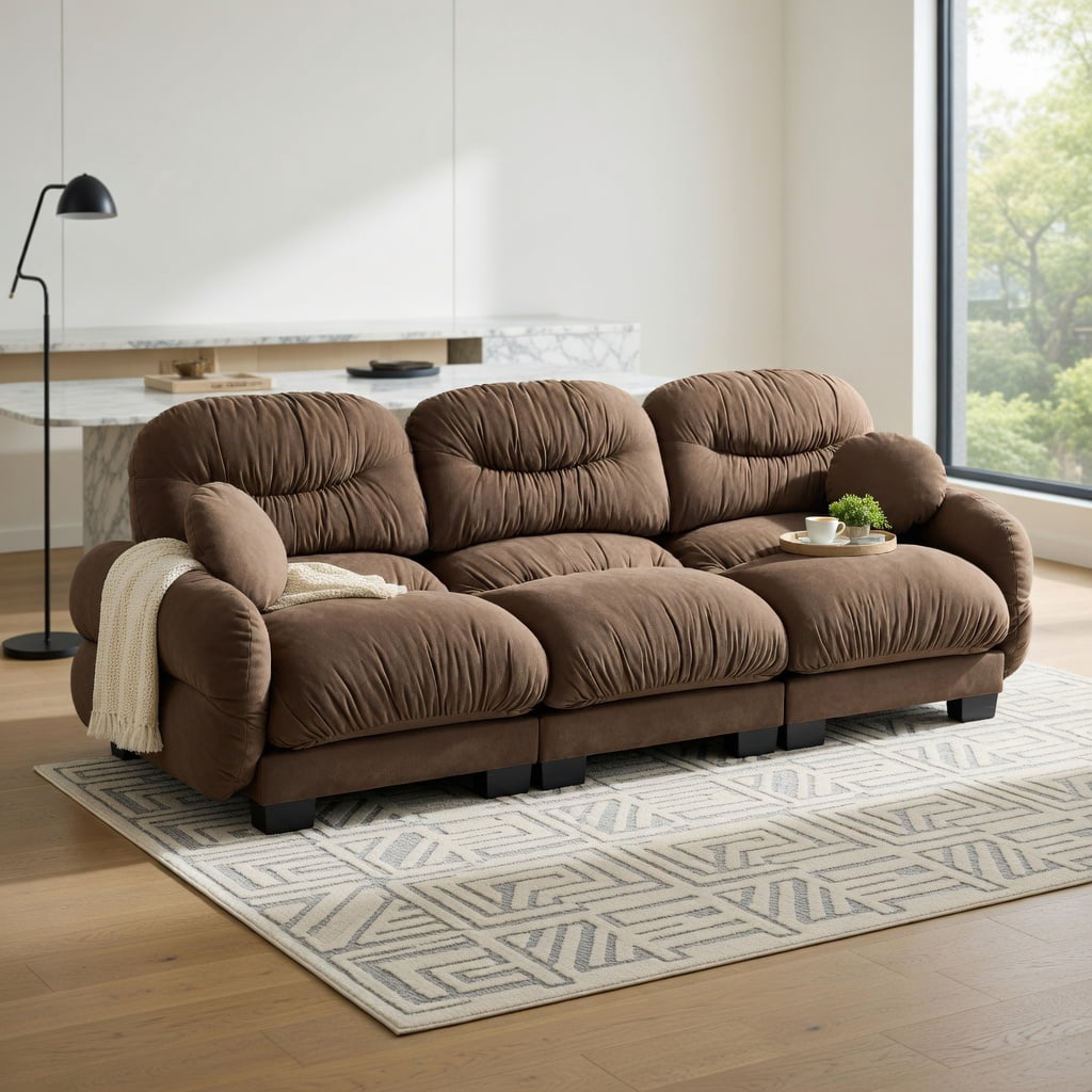 Hommoo Chenille 3-Seater Modular Sofa with Pleated Back Design, Ergonomic High-Density Foam Cushions & Curved Armrests, Includes 2 Round Throw Pillows, Brown
