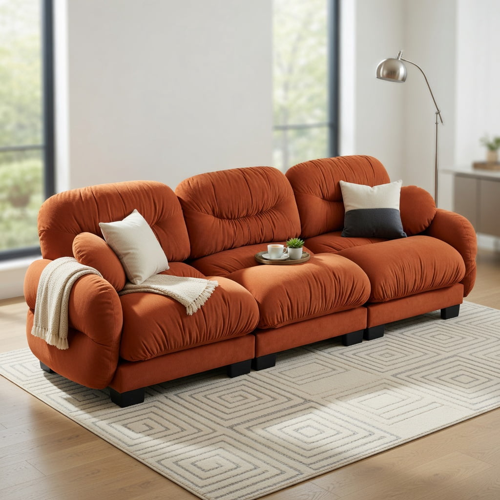 Hommoo Chenille 3-Seater Modular Sofa with Pleated Back, Ergonomic High-Density Foam & Curved Armrests, Includes 2 Round Throw Pillows, Orange