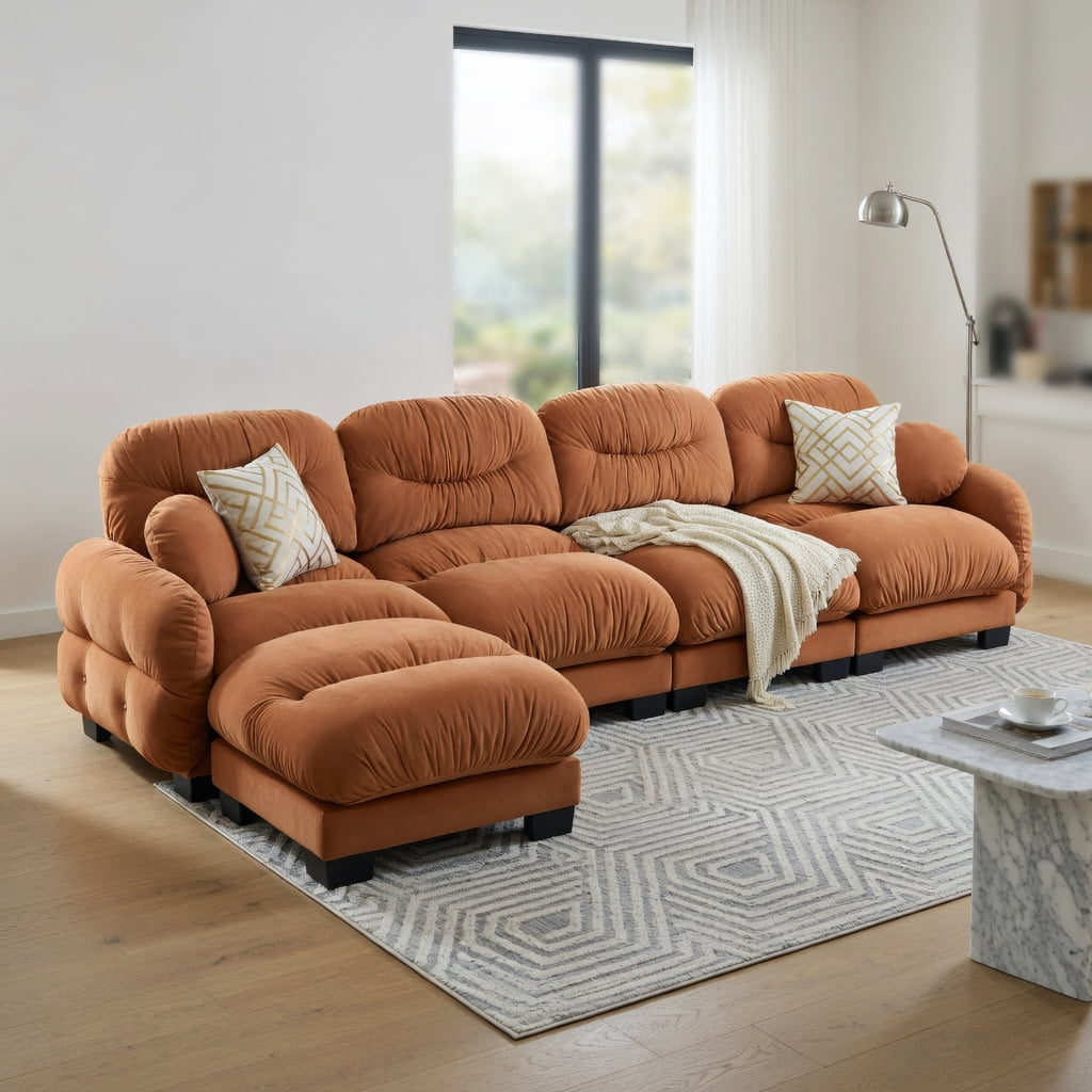 Hommoo Chenille 4-Piece L-Shaped Modular Sectional Sofa Set with Ottoman, Ergonomic High-Density Foam Cushions, Curved Armrests & 2 Throw Pillows, Pleated Back Design, Orange
