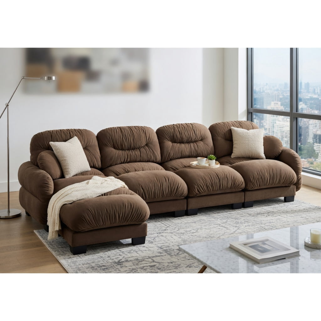 Hommoo Chenille 4-Piece L-Shaped Modular Sectional Sofa Set with Ottoman, Ergonomic High-Density Foam Cushions, Pleated Back Design & 2 Round Throw Pillows, Brown