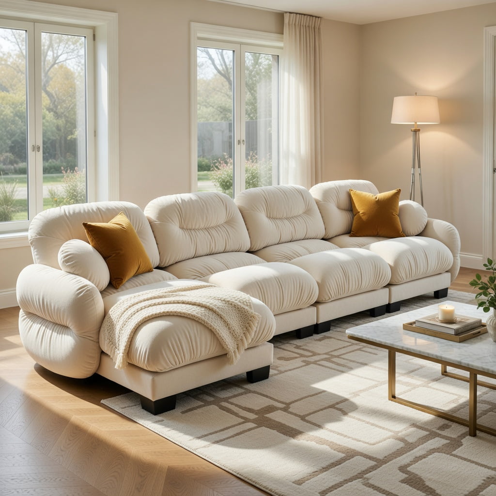 Hommoo Chenille 4-Seat L-Shaped Modular Sectional Sofa with Ottoman, Ergonomic High-Density Foam Cushions, Curved Armrests & 2 Round Throw Pillows, Pleated Back Design, Beige