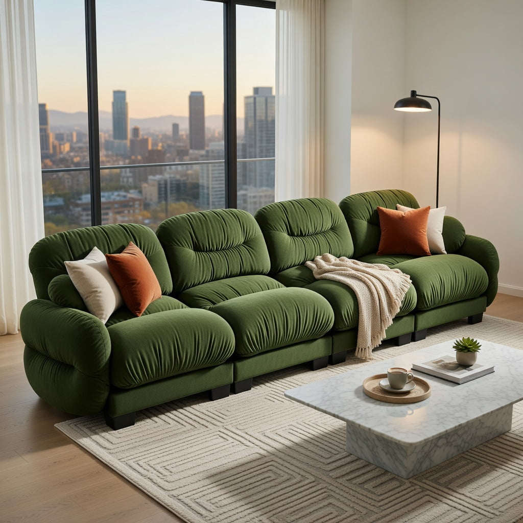 Hommoo Chenille 4-Seat Modular Sofa with Pleated Back Design, Ergonomic High-Density Foam Cushions, Curved Armrests & 2 Round Throw Pillows, Modern Living Room Sectional, Green