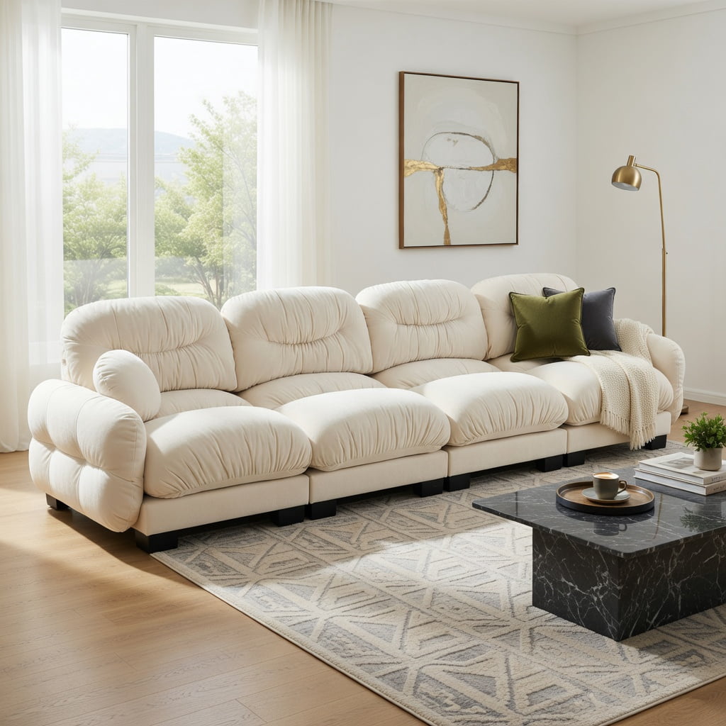 Hommoo Chenille 4-Seat Modular Sofa with Pleated Back, Ergonomic High-Density Foam Cushions & Curved Armrests, Includes 2 Round Throw Pillows, Beige