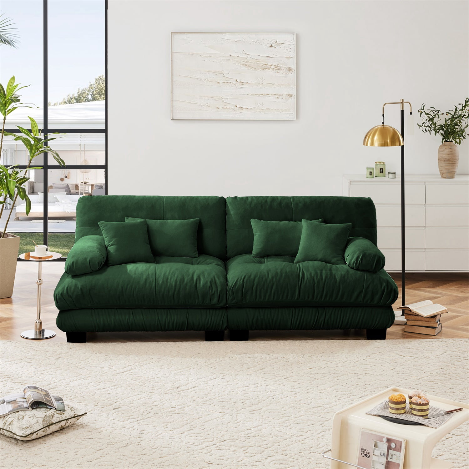 Hommoo Chenille Fabric Cloud Couch Loveseat with 2 Lumbar Pillows and 2 Throw Pillows, 2 Seater Sectional Sofa Couches for Living Room Apartment, Green