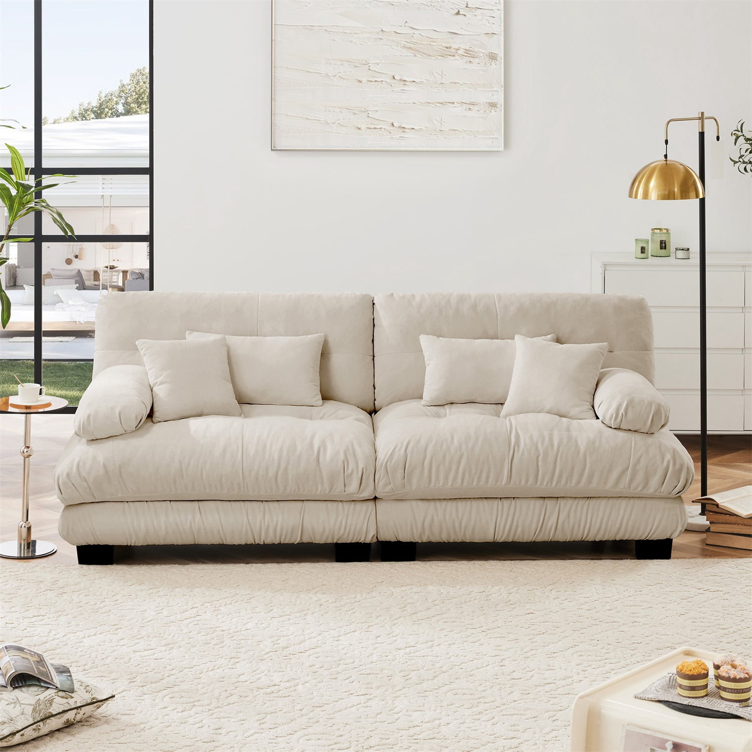 Hommoo Chenille Fabric Cloud Couch Loveseat with 2 Lumbar Pillows and 2 Throw Pillows, 2 Seater Sectional Sofa Couches for Living Room Apartment, Light coffee