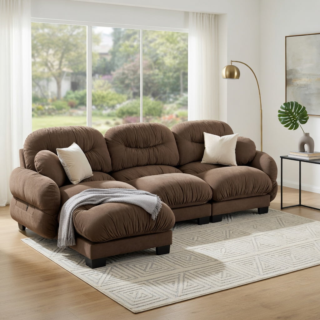 Hommoo Chenille L-Shaped Modular Sectional Sofa with Ottoman, 3-Seater Pleated Back Design, Ergonomic High-Density Foam Cushions & 2 Round Throw Pillows, Brown