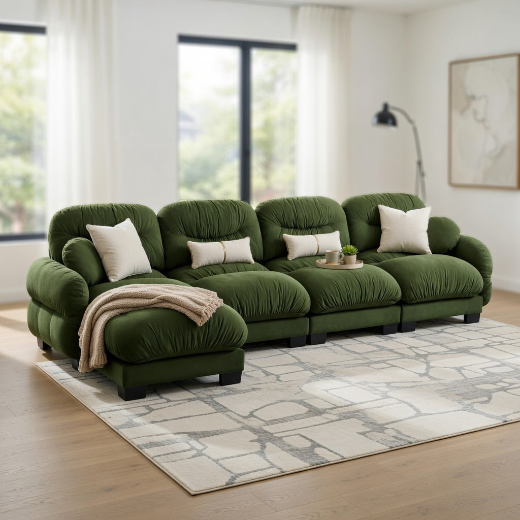 Hommoo Chenille L-Shaped Modular Sectional Sofa with Ottoman, 4-Seat Pleated Design, High-Density Ergonomic Foam, Curved Armrests & 2 Throw Pillows, Green