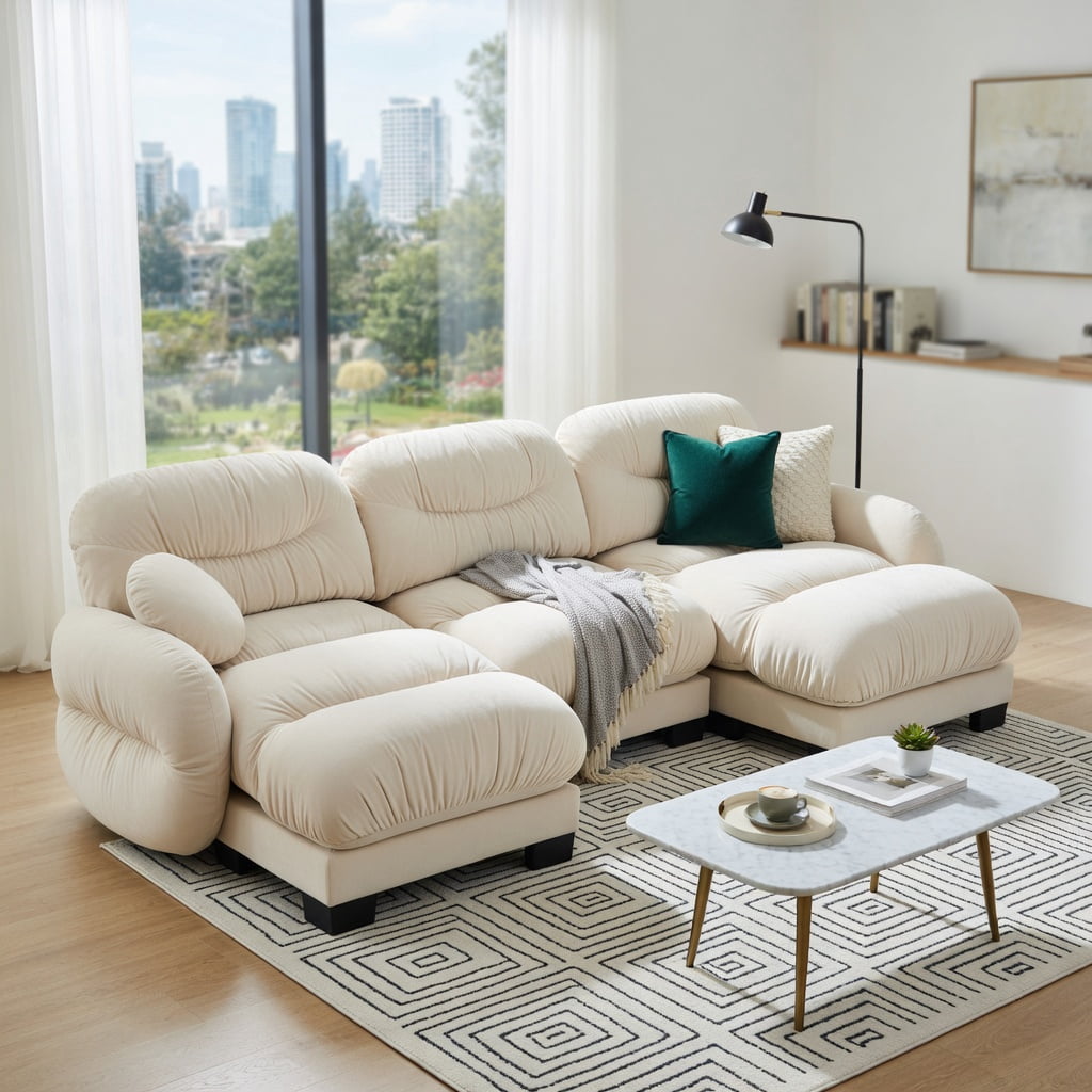 Hommoo Chenille L-Shaped Modular Sectional Sofa with Pleated Back, Ergonomic High-Density Foam Cushions, Curved Armrests, Ottoman & 2 Round Throw Pillows, 3-Seat Cozy Living Room Couch, Beige
