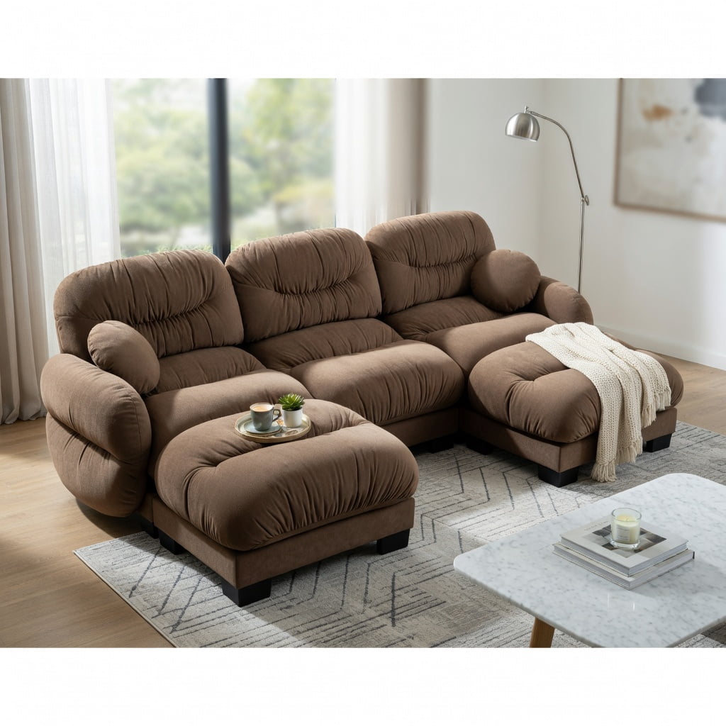 Hommoo Chenille U-Shape Modular Sectional Sofa with Pleated Back, Ergonomic High-Density Foam Cushions, 3-Seater + 2 Ottomans + 2 Round Throw Pillows, Brown
