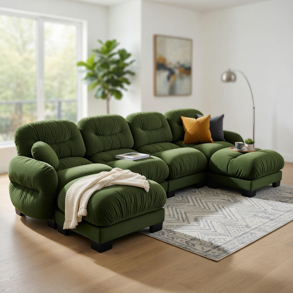 Hommoo Chenille U-Shaped Modular Sectional Sofa with Ergonomic Foam, Pleated Back Design, 2 Ottomans & 2 Throw Pillows, 4-Seat Plush Living Room Couch, Green
