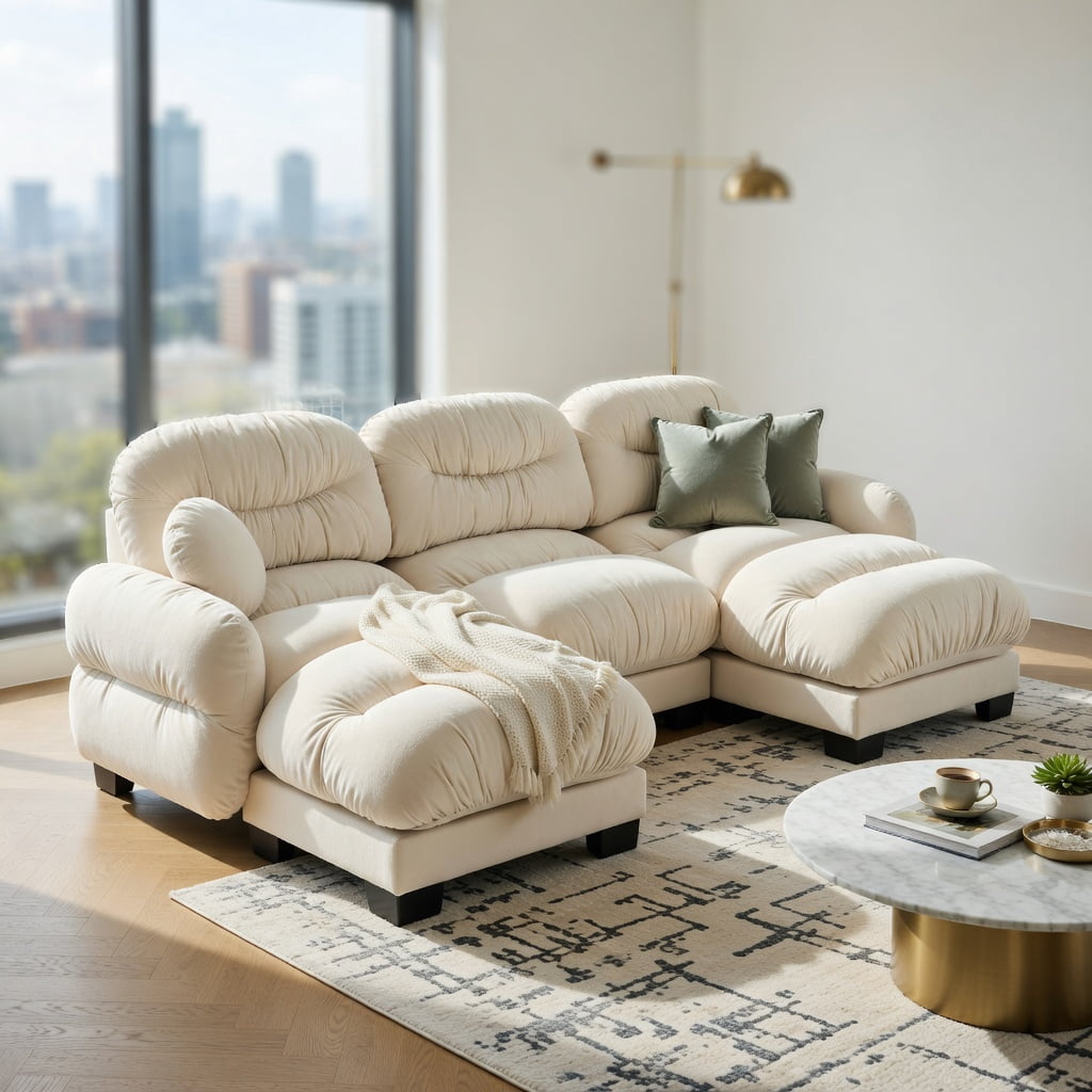 Hommoo Chenille U-Shaped Modular Sectional Sofa with Ergonomic Foam, Pleated Back Design, 3-Seat + 2 Ottomans + 2 Throw Pillows, Soft Cloud-Like Comfort, Beige
