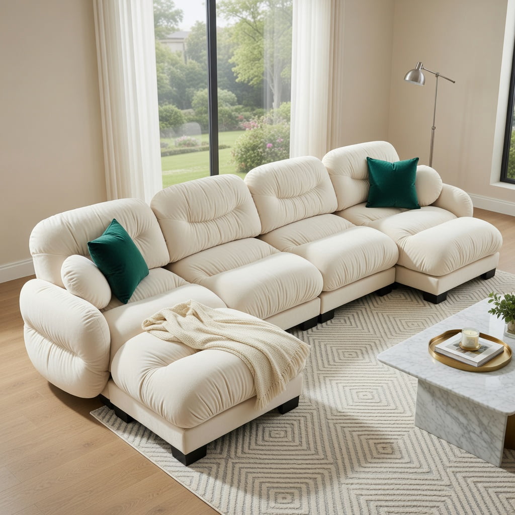 Hommoo Chenille U-Shaped Modular Sectional Sofa with Ergonomic Foam, 4-Seat Pleated Design + 2 Ottomans & 2 Round Throw Pillows, Beige