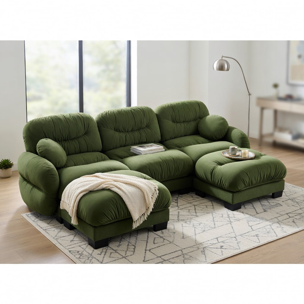 Hommoo Chenille U-Shaped Modular Sectional Sofa with Ergonomic Foam, Curved Armrests, 2 Ottomans & 2 Throw Pillows, 3-Seat Pleated Design, Green