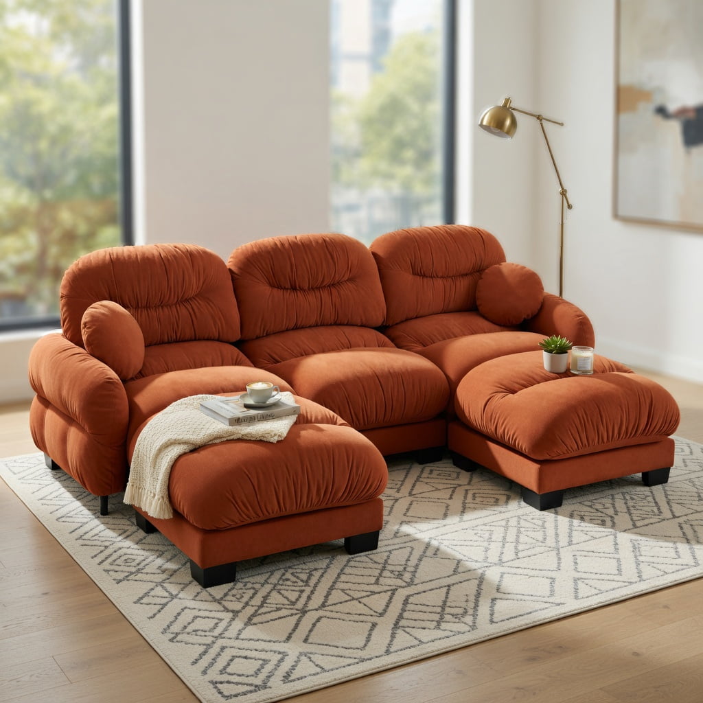 Hommoo Chenille U-Shaped Modular Sectional Sofa with Ergonomic Foam, Pleated Back Design, 3-Seater + 2 Ottomans & Round Throw Pillows, Orange