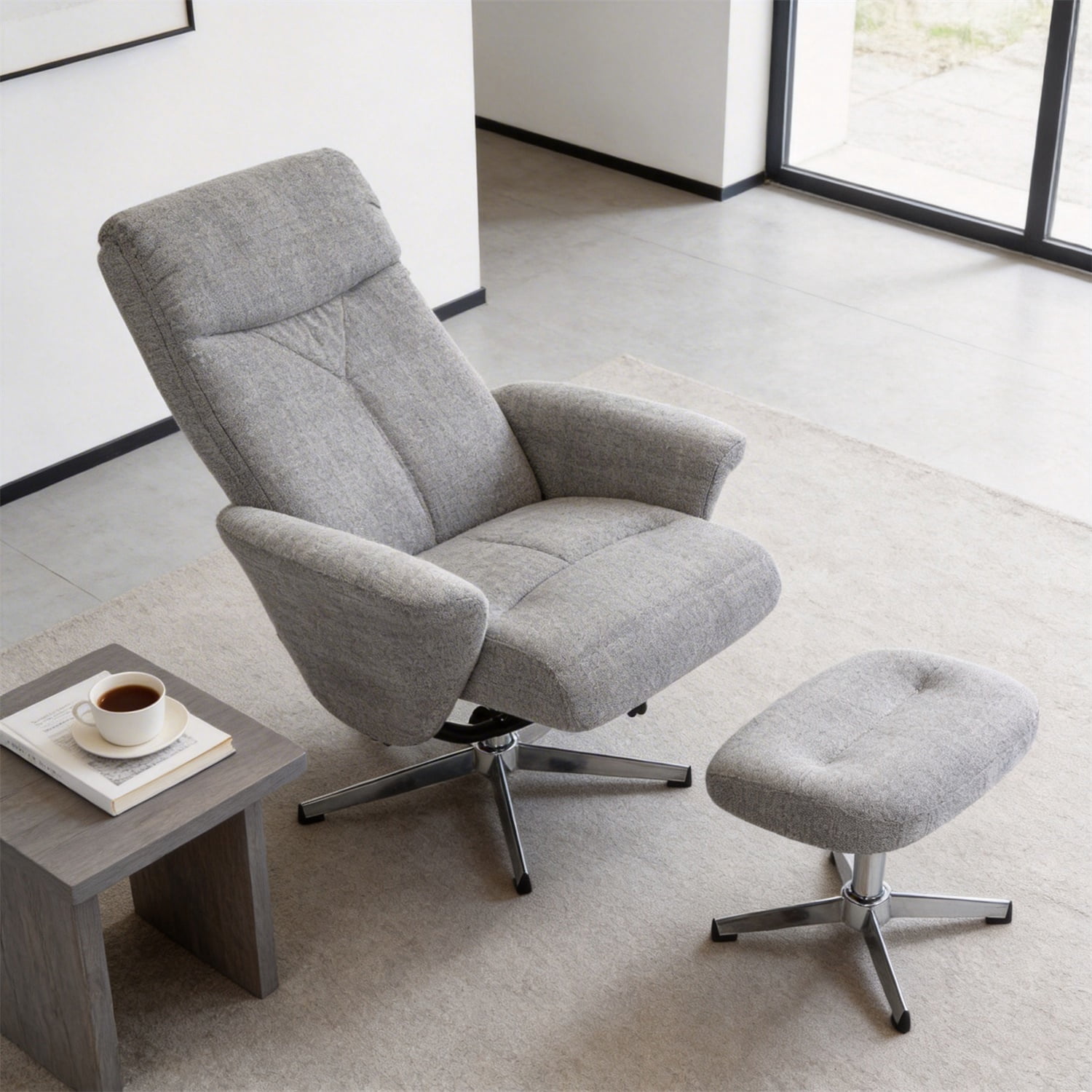 Hommoo Chenille Upholstered Manual Recliner with Ottoman Chair, Modern Swivel Armchair Ergonomic Push Reclining Footrest, Light Grey