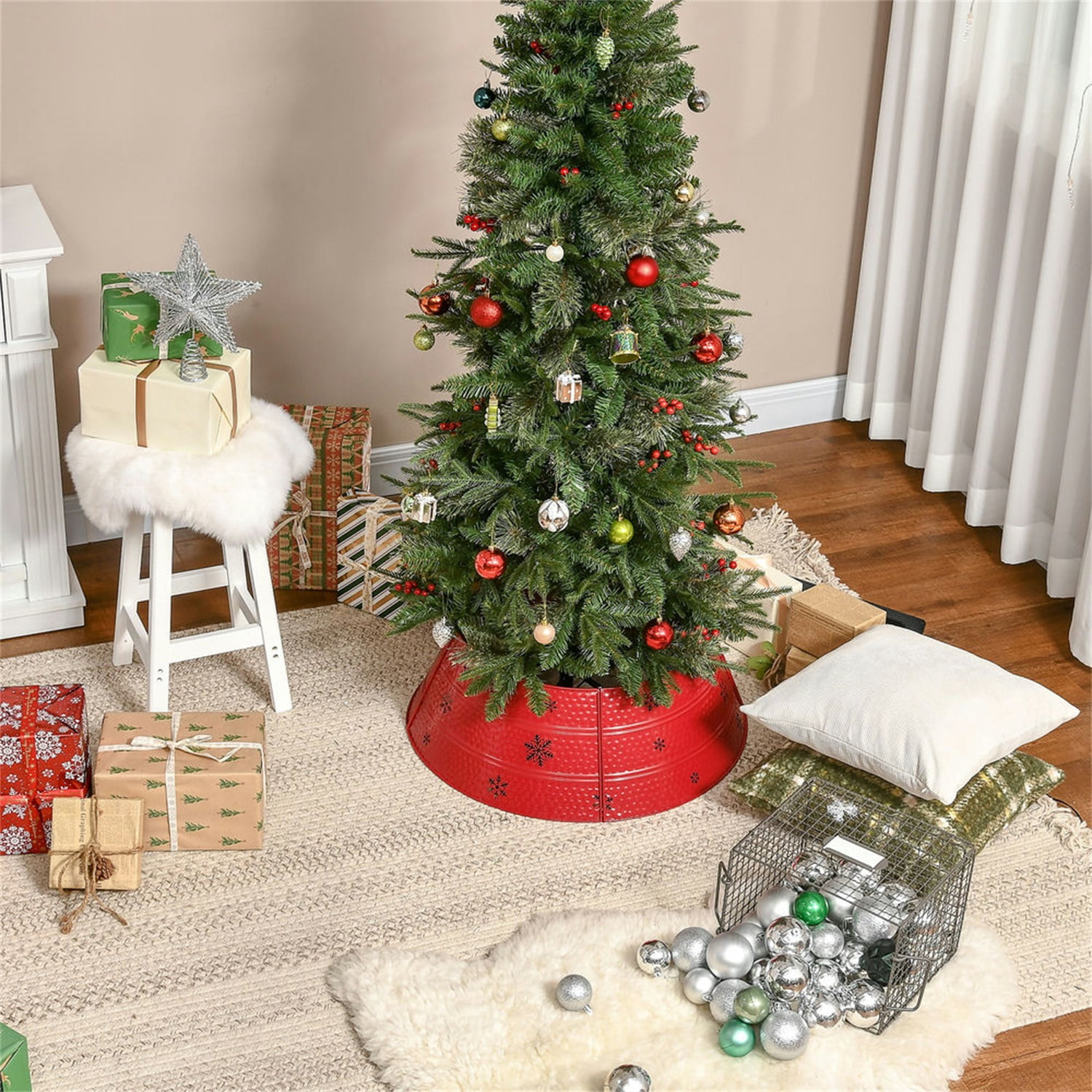 Hommoo Christmas Tree Collar, Steel Tree Ring Skirt, Home Xmas Decoration for Christmas Tree, 26" x 26" x 9", Red
