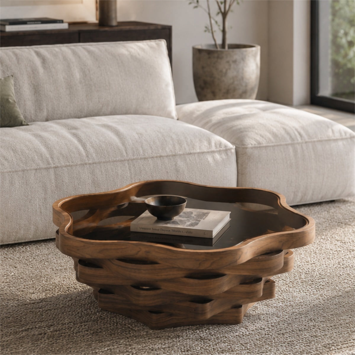 Hommoo Cloud-Shaped Coffee Table 35.8" with Tempered Glass Top & Wave MDF Base, Modern Art Deco Living Room Accent Table, Walnut
