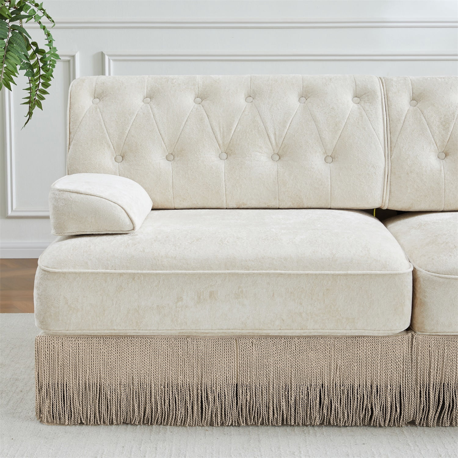 Hommoo Comfort Velvet Fabric Sofa with Left Arm, Button Tufted Design & Floor-grazing Tassel, Beige