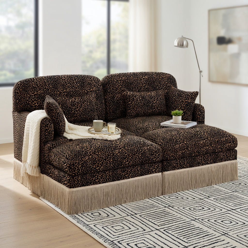 Hommoo Comfy Chenille Leopard Print Loveseat Sofa with Movable Ottomans, Tassel Trim & Ergonomic Deep Seat, Modern 2-Seat Modular Living Room Couch, Brown
