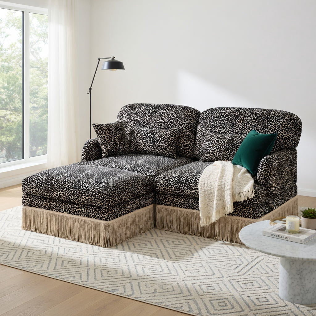 Hommoo Comfy Chenille Leopard Print Loveseat Sofa with Movable Ottoman, Tassel Trim & Ergonomic Deep Seat Design, Modern Living Room Couch Set, khaki