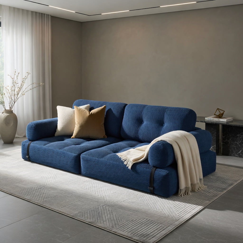 Hommoo Convertible Corduroy Folding Sofa Bed, 3-in-1 Living Room Sleeper with Back Support & Pillow, Navy Blue