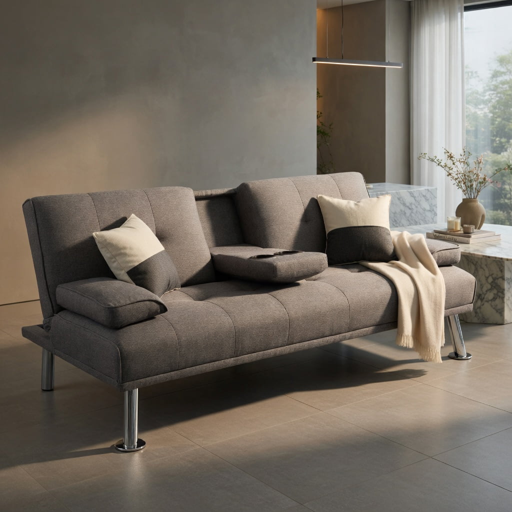 Hommoo Convertible Futon Sofa Bed with 2 Cup Holders – Light Gray Linen Fabric, 3-Position Reclining Foldable Sleeper for Small Spaces