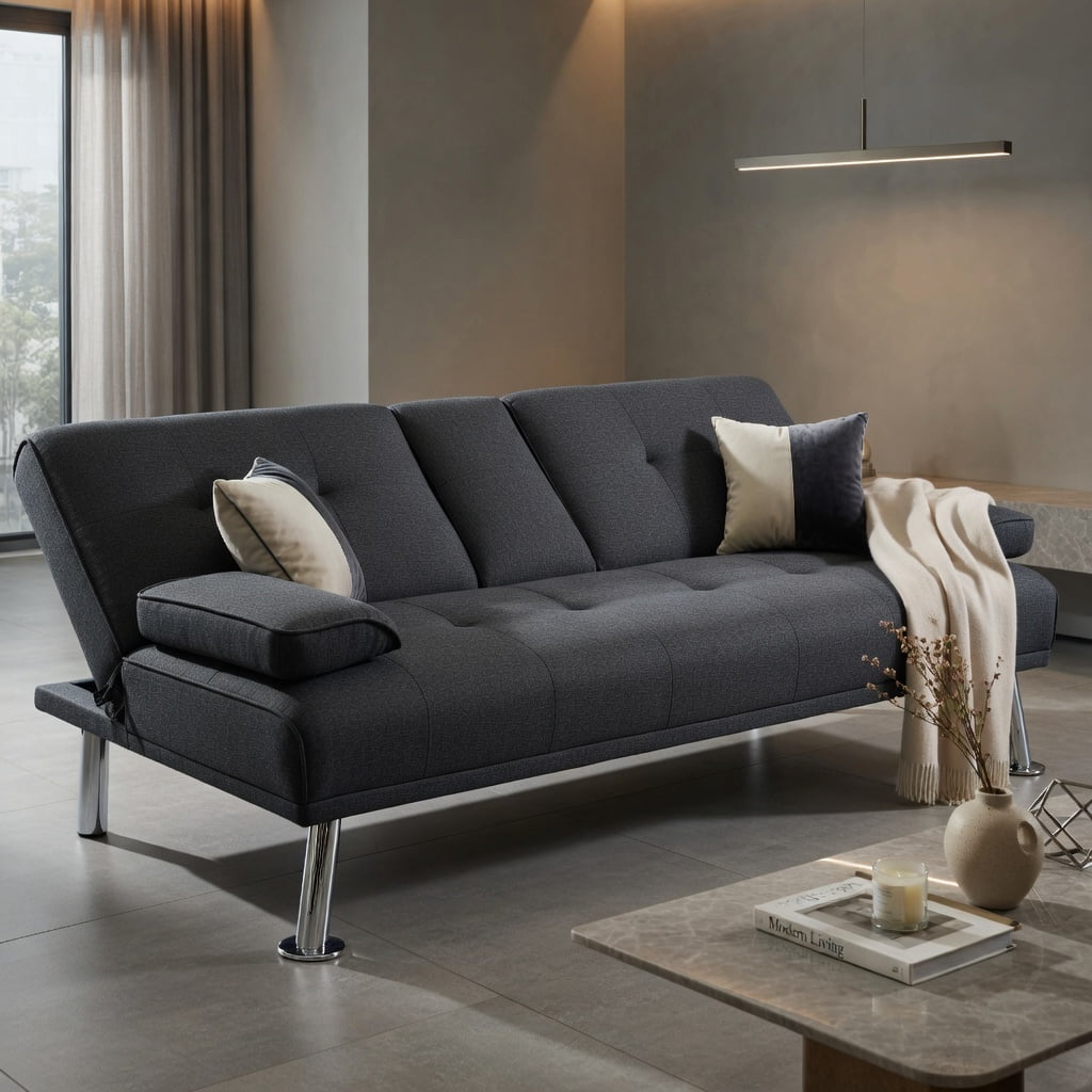 Hommoo Convertible Futon Sofa Bed with 2 Cup Holders – Linen Fabric, Iron & Pine Wood Frame, 3-Position Adjustable (Dark Gray)