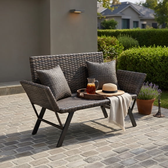 Hommoo Convertible Patio Loveseat Sofa, 2-Person Rattan Outdoor Sofa with Adjustable Armrests, Quick-Dry Foam Cushions, Heavy-Duty Metal Frame, Natural