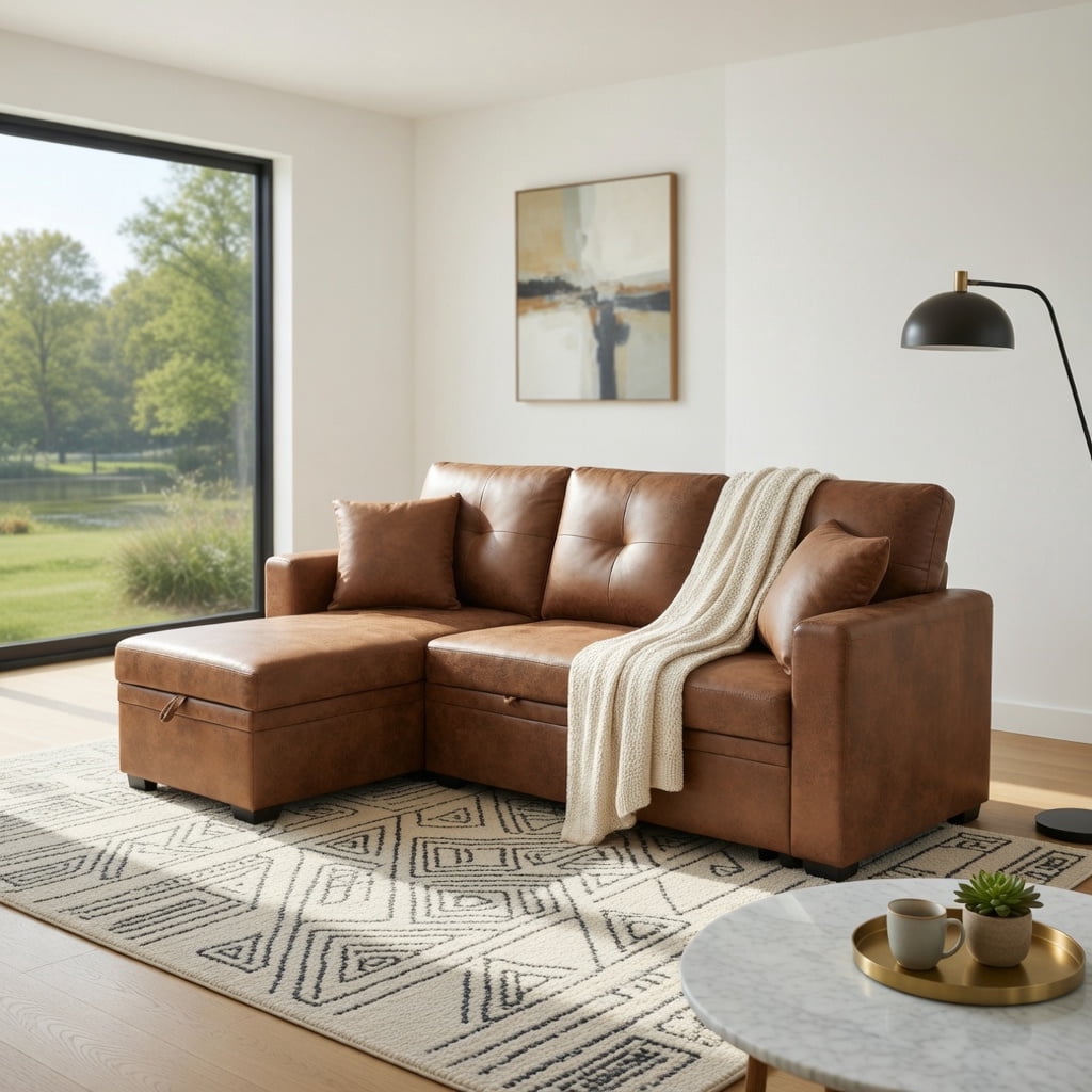 Hommoo Convertible Sectional Sleeper Sofa with Pull-Out Bed, Reversible Chaise & Hidden Storage, L-Shaped Modern Living Room Sofa Bed for Small Spaces, Light Brown