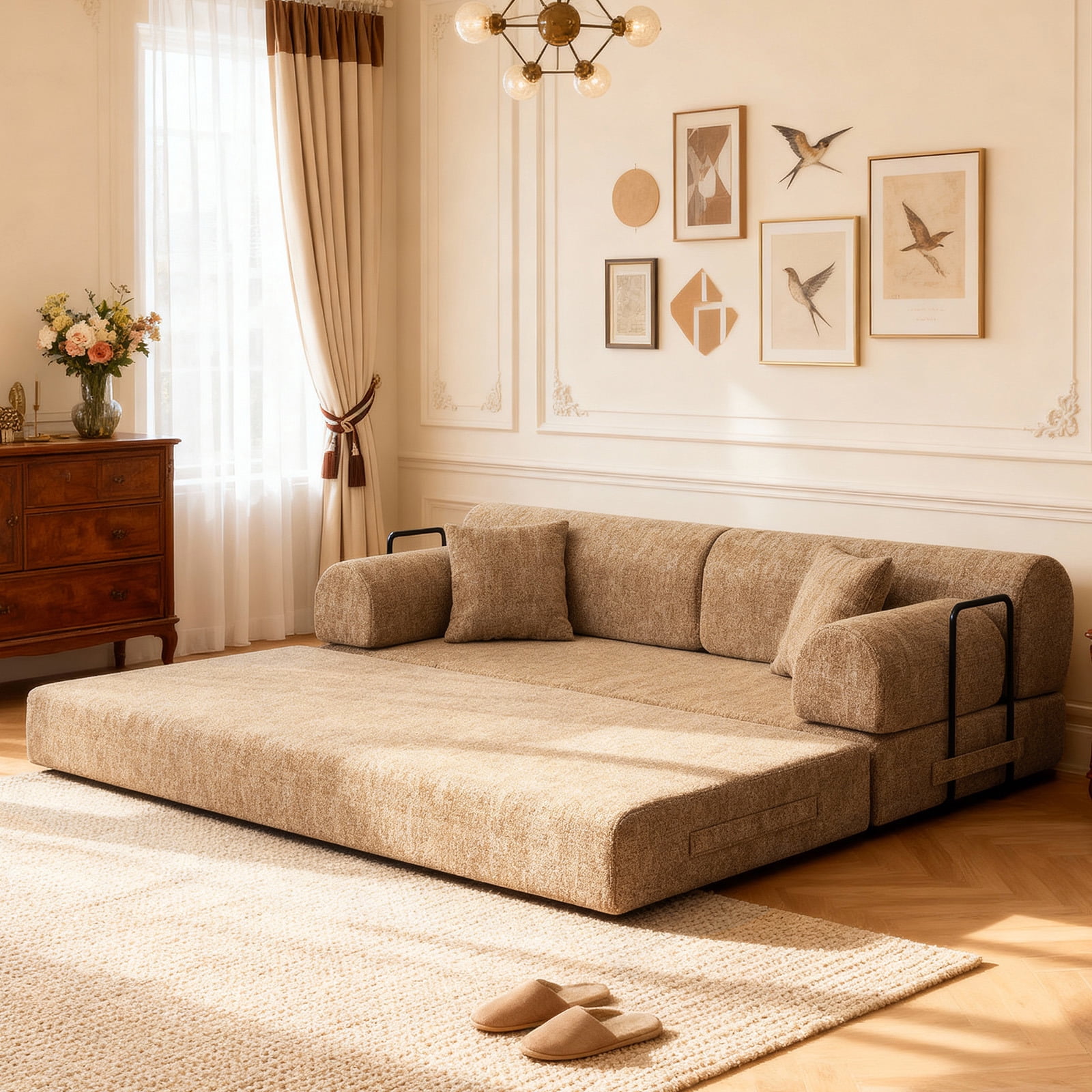 Hommoo Convertible Sleeper Sofa Bed, Two-Tone Blended Boucle Fabric Floor Sofa Folding Mattress Lounge Couch with Fixed-Shape Frame, Ochre