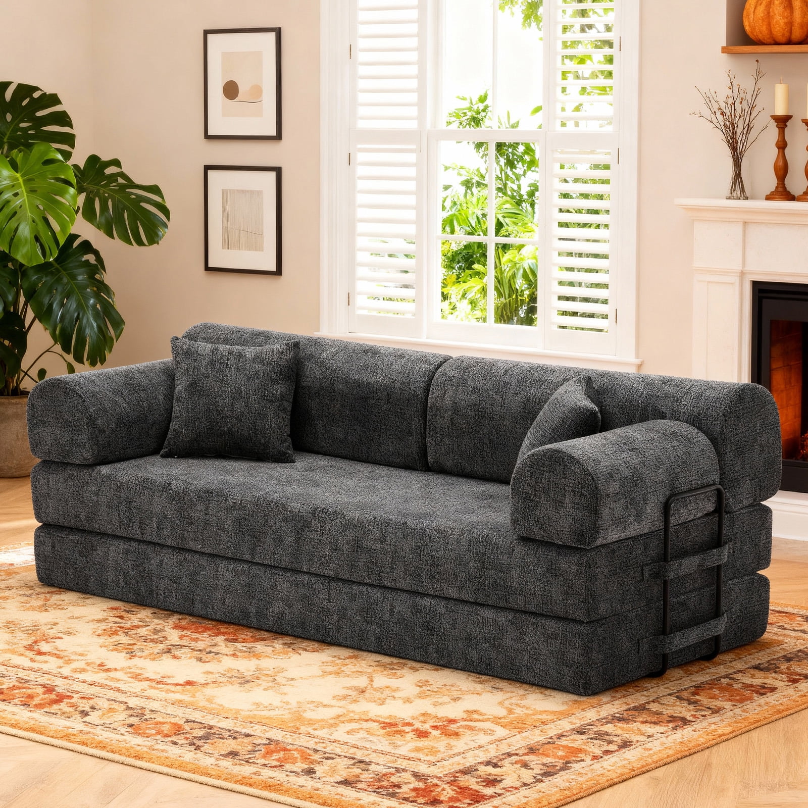 Hommoo Convertible Sleeper Sofa Bed, Two-Tone Blended Fabric Floor Sofa Folding Mattress Lounge Couch with Fixed-Shape Frame, Speckled Black